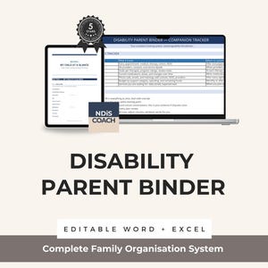 May include: A digital disability parent binder displayed on a tablet and laptop. The binder includes a companion tracker and is labeled "Editable Word + Excel". The image also features a "5 Stars" badge and the text "NDIS COACH".