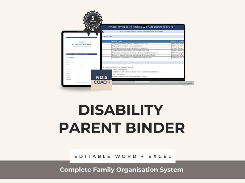 May include: A digital disability parent binder displayed on a tablet and laptop. The binder includes a companion tracker and is labeled "Editable Word + Excel". The image also features a "5 Stars" badge and the text "NDIS COACH".