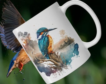 Kingfisher mug bird lovers mug bird gift idea wild life gift idea wildlife mug watercolor art Kingfisher gift idea Kingfisher art wall art