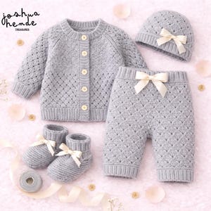 Patrón de tejido para bebé de 0 a 3 meses (PDF), patrón de conjunto para bebé principiante, conjunto de punto de 4 piezas, cárdigan, gorro, patucos y pantalones, patrón de hilo DK para bebé.