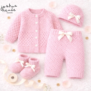 May include: A baby clothing set in soft pink, including a cardigan, pants, hat, and booties. The cardigan has button closures, and the pants and hat feature decorative bows. The set is made of a knitted material with a diamond pattern. The brand name "joshua hemde TREASURES" is visible.