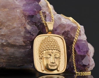 Buddha Face Necklace, Yoga Necklace, Meditation Necklace, Buddha Face Pendant, Vermeil Buddha Pendant, Religious Necklace