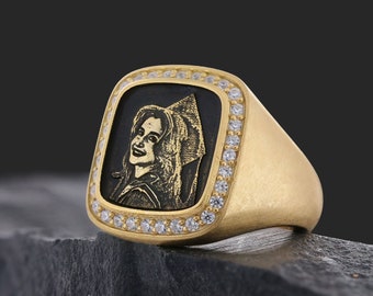 Memorial Picture Ring, Dainty Photo Ring, Engraved Photo Ring, Custom Portrait Ring, Personalized Picture Ring, Family Ring, Gift for Family