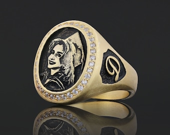 Custom Photo Ring with Initial, Personalized Picture Ring, Engraved Initial Jewelry, Unique Gift for Her, Handmade Etsy Ring, Reminder Gift