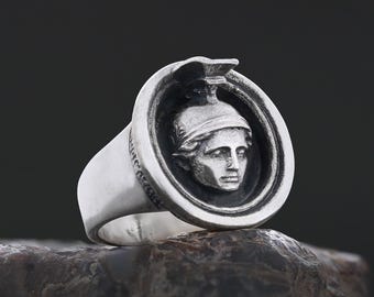 3D Handmade Greek Goddess Ring, Athena Warrior Ring, Mythology Ring, Athena Signet Ring, Handmade Jewelry, Gift for Him, Gift for Her