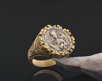 Virgo Zodiac Engraved Ring With Motifs, Virgo Horoscope Ring, Virgo Sing Ring, Astrology Ring for Women, Virgo Ring, Zodiac Sign Ring