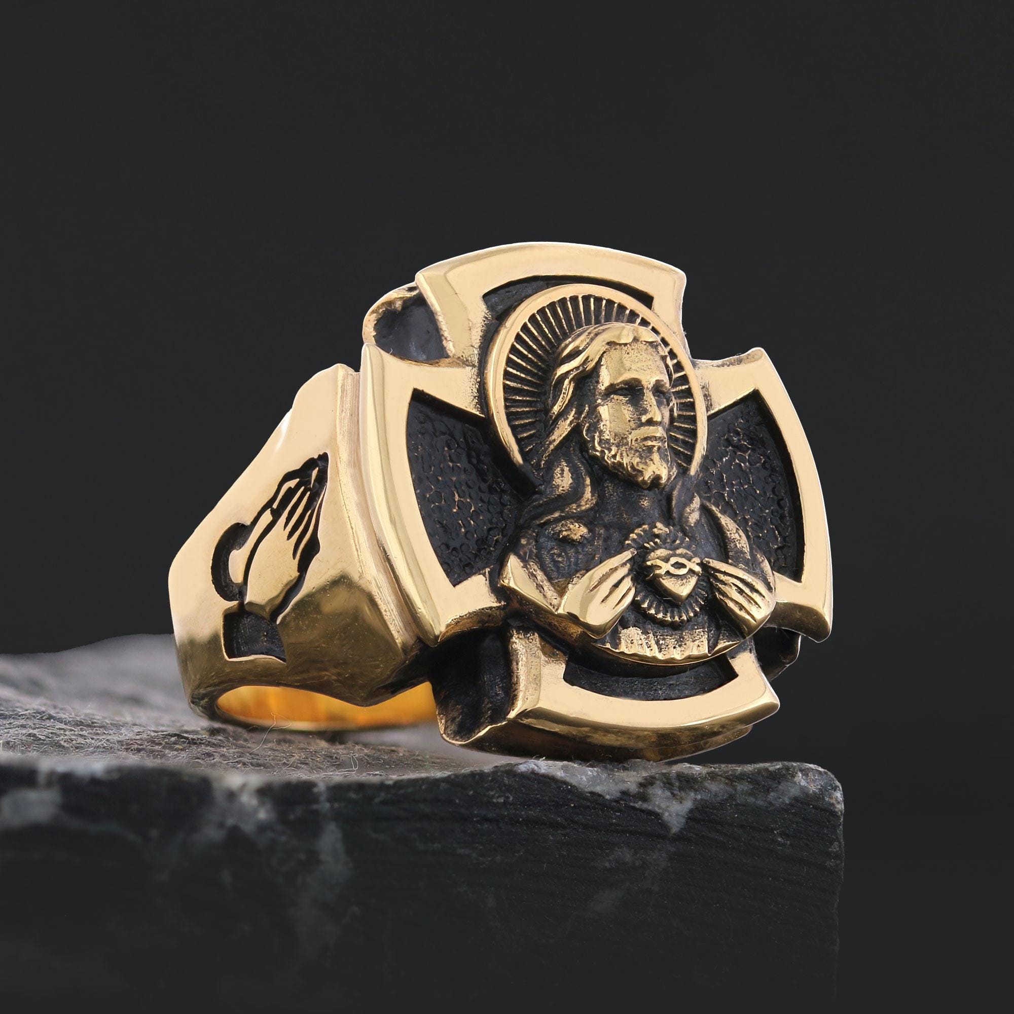 Sacred Heart of Jesus Ring for Men, Christian Signet Ring with Praying Hands, Religious Catholic Jewelry, Christian Jewelry, Gift for Him