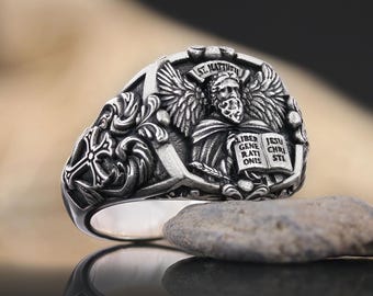 Saint Matthew Apostle Evangelist Christian Cross Signet Ring, Apostle Evangelist Symbol with Cross Engraving Ring, Christian Men's Ring
