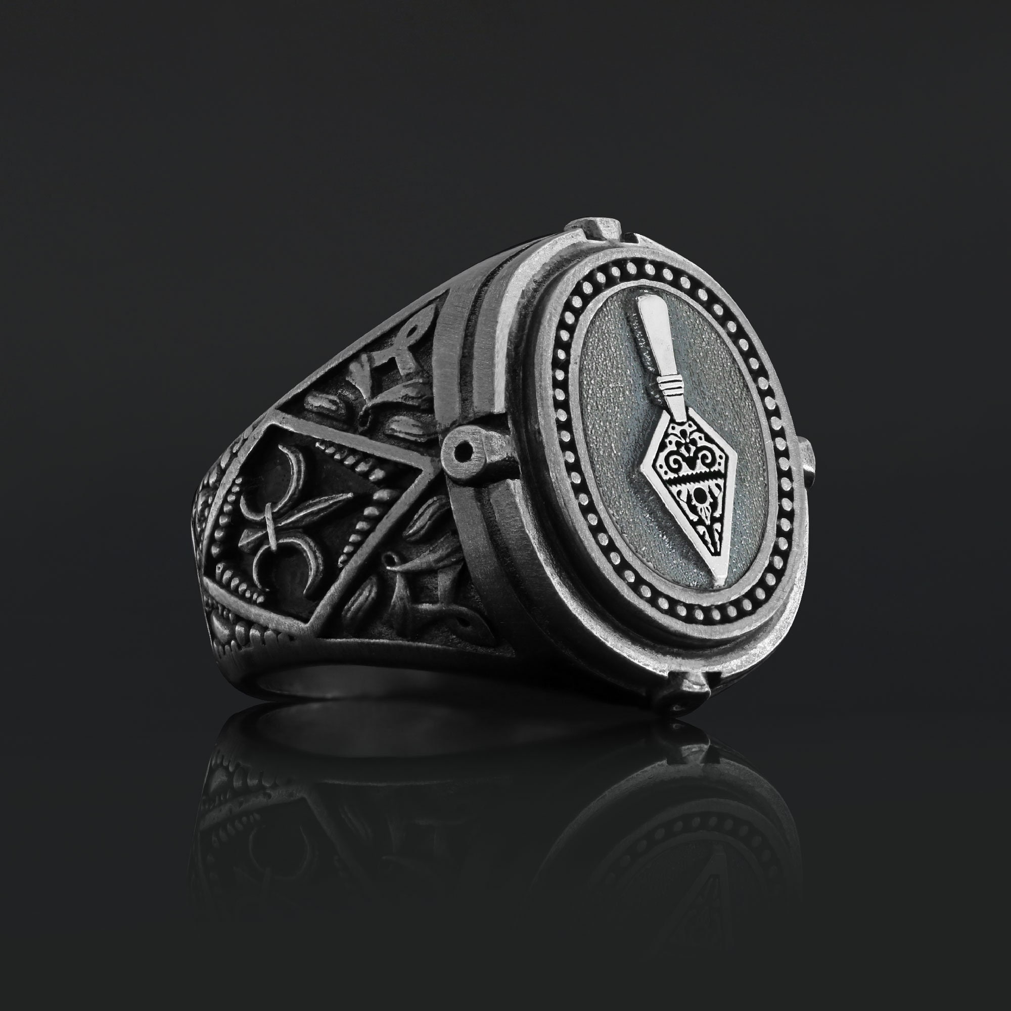Masonic Ring For Men - 925 Sterling Silver, Handmade, Gothic Alchemy Signet Style