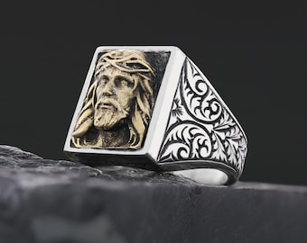 Jesus Face Ring, Messiah Statement Ring, Christian Ring, Silver Religious Ring, Gold Plated Jesus Jewelry, Christ Signet Ring, 3D Jesus Ring
