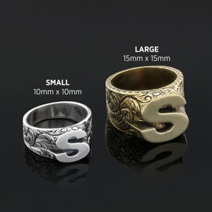 Anillo con monograma de la letra S, anillo con inicial S, anillo con la letra S, anillo con nombre hecho a mano, joyería con el alfabeto en plata, anillo con sello recubierto de oro, anillo con letras de la A a la Z