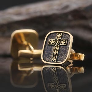 Christian Cross Cufflinks, Gold Plated Silver Cross Cufflinks, Square Motif Cross Silver Cufflinks, Antique Christian Charm Cufflinks