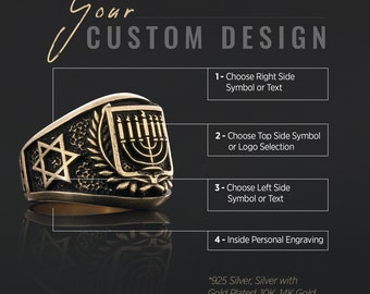 Op de afbeelding: Een gouden ring met een Davidster aan de linkerkant, een menorah aan de rechterkant en een kransontwerp in het midden. De ring is aanpasbaar met verschillende symbolen en tekst aan de zijkanten en een gravure aan de binnenkant. De ring is verkrijgbaar in 925 zilver, zilver met vergulding, 10 karaat goud en 14 karaat goud.