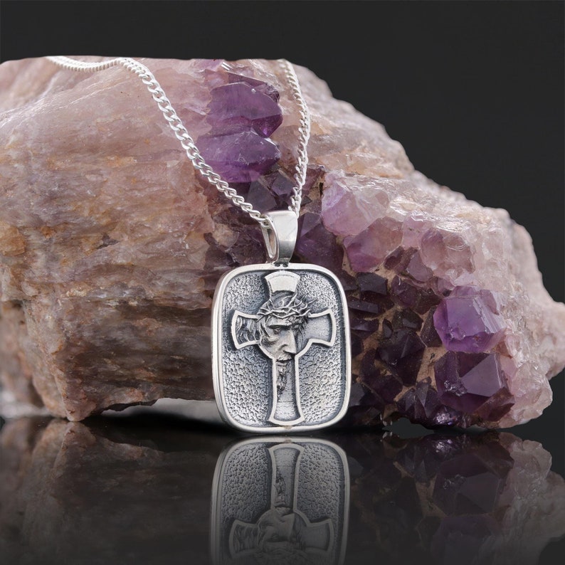 Jesus Face in Cross Necklace, Messiah Pendant, Religious Necklace