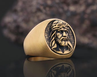 Jesus Round Ring, Jesus Head Ring, Catholic Christian Ring, Jesus Signet Ring, Baptism Gift, Christian Catholic Jewelry, Gift for Christian