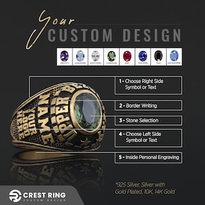 May include: A gold-colored custom crest ring with a green gemstone center. The ring features engraved text and the option to choose a stone, border writing, and symbols. The image also displays various gemstone options.