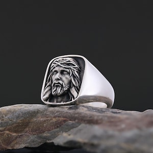 Jesus Silver Ring, Jesus Head Ring, Catholic Christian Ring, Jesus Signet Ring, Baptism Gift, Christian Catholic Jewelry, Gift for Christian