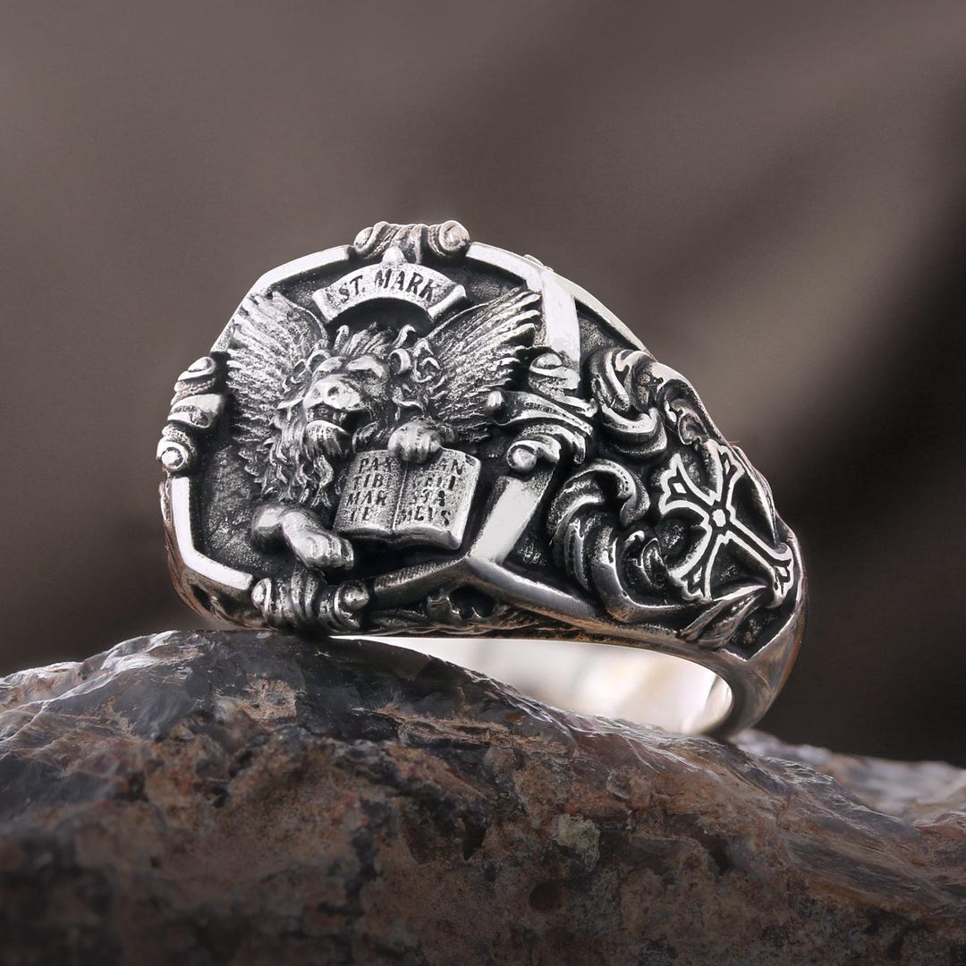 Saint Mark Lion Men Signet Ring, Evangelist Lion Cross Pattern