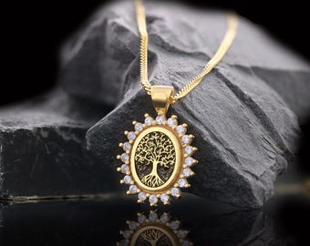 Christian Tree of Life Necklace with Diamonds, Family Tree Necklace, Oval Tree of Life Necklace, Christian Pendant, Irish Symbol Jewelry