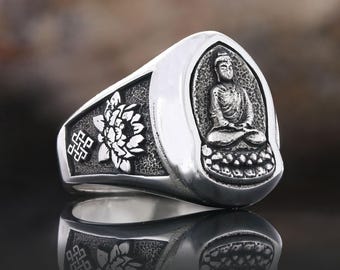 Sterling Silver Buddha Ring, Zen Meditation Ring, Spiritual Gift for Him, Boho Buddhist Jewelry, Protection Spiritual Ring, Yoga Gift