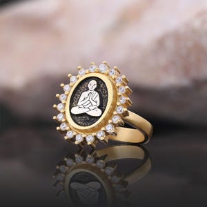 Anel de Buda com diamante, anel de ioga, anel de meditação, anel de Buda, anel de Buda Vermeil, joias de ioga, anel religioso, presente para ela