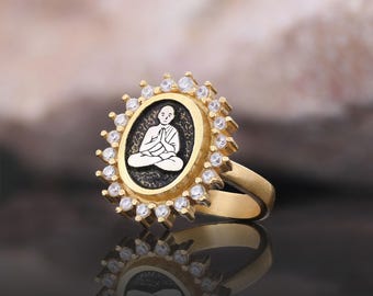 Buddha Ring with Diamond, Yoga Ring, Meditation Ring, Buddha Ring, Vermeil Buddha Ring, Yoga Jewelry, Religious Ring, Gift for Her