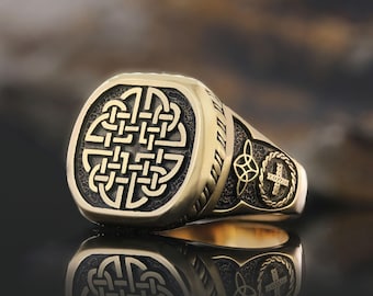 Celtic Knot Signet Ring, Gold Coated Christian Ring, Saint Protection Ring ,Religious Men’s Jewelry, Triquetra Cross Ring, Faith Jewelry