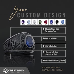 May include: A silver class ring with a blue stone and the letters "H" and "AVD" on the band. The ring is customizable with a choice of stone, border writing, and left and right side symbols or text. The ring is available in 925 silver, silver with gold plating, or 10K or 14K gold.
