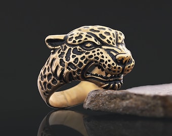 Leopard Head Ring, Big Cat Jewelry, Safari Jewelry, Wild Cat Statement Ring, Black Leopard Ring, Animal Jewelry, Gift for Him, Gift for Her