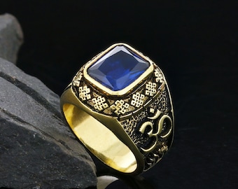 Customizable Silver Buddha Ring, Handmade Om Men&#39;s Ring, Gold Buddist Ring for Men, Aquamarine Signet Ring, Ruby Meditation Jewelry