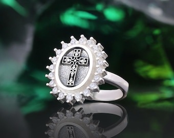 Special Design Motif Cross Ring With Diamonds, Cross Christian Ring, Oval Silver Ring, Christian Jewelry, Dainty Cross Ring, Gift for Her