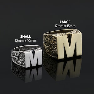 Anillo con la letra M inicial, anillo con monograma M, joyería con el alfabeto en plata, anillo de sello hecho a mano, anillo con inicial bañado en oro, anillo con letras de la A a la Z