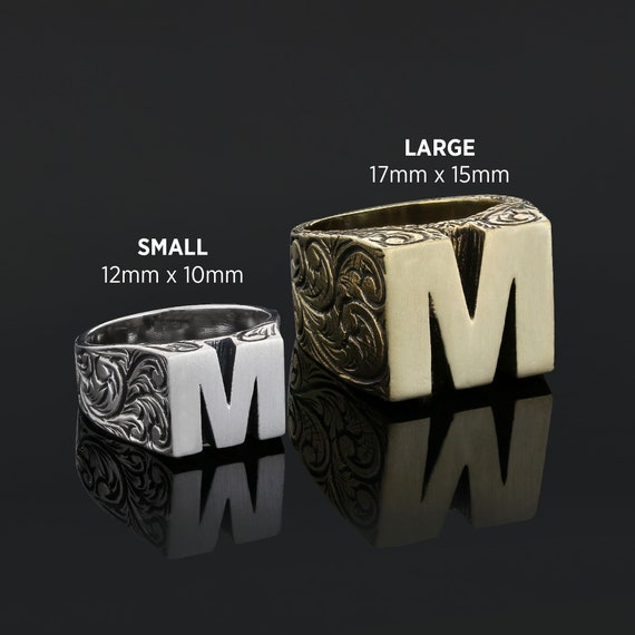 Tioneer Stainless Steel Letter M Initial Floral Box Monogram Engraved Engraved Square Flat Top Biker Style Polished Signet Ring