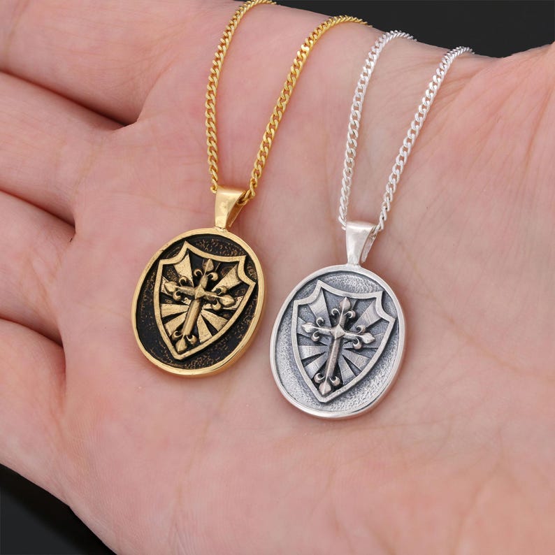 Cross and Shield Pendant Necklace, Faith Jewelry, Symbol of Protection