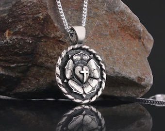 Lutheranism Necklace, Rosae Crucis Pendant, Rose and Cross Necklace, Luther's Rose Necklace, Amorc Pendant, Lutheranism Jewelry