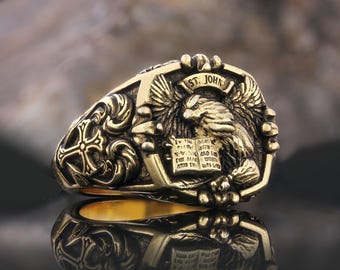 Eagle of Saint John Apostle Ring for Men in Starling Silver, Evangelist Cross Signet Ring, Religious Ring, Catholic Ring, Anniversary Ring