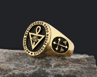 Bague Ordo Rosae Crucis antique mystique, bague Amorc, bague maçonnique de l'ordre rosicrucien, bague maçonnique, bague franc-maçonnerie pour homme