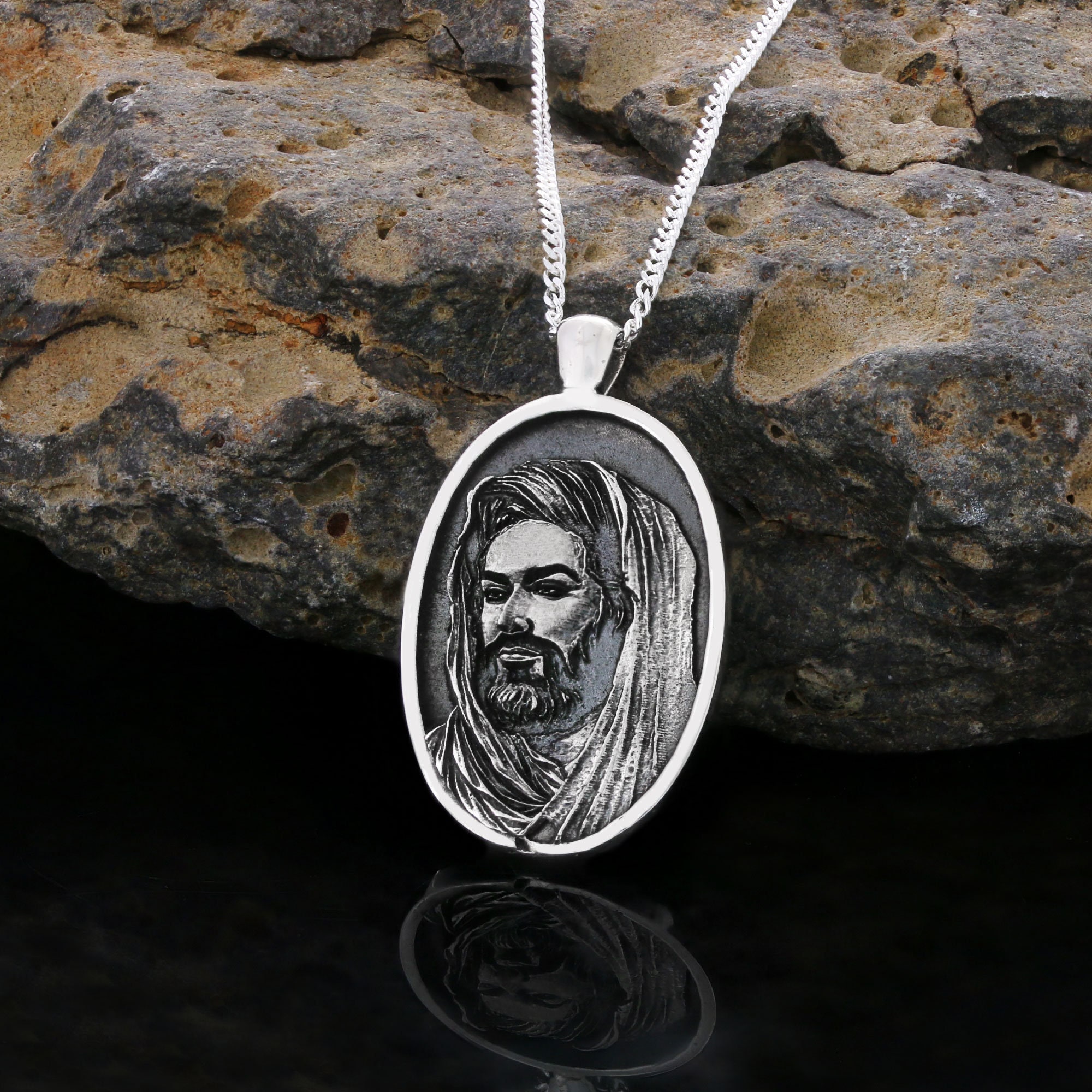 Hazrat Ali Face Necklace, Islamic Oval Pendant, Dhulfiqar Jewelry