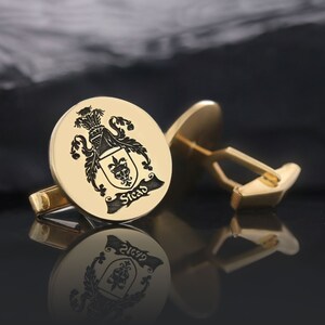 Round Family Crest Cuff Links, Handmade Family Cufflinks, Coat of Arms Gift, Personalized Signet Button Links, Customized Cuff Links