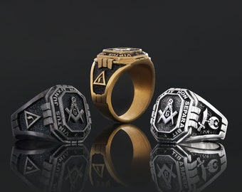 Customized Masonic Ring, Master Mason Ring for Man, Freemason Gold Ring, Personalized Mason Ring, Rosicrucian Jewelry, Past Master Ring Gift