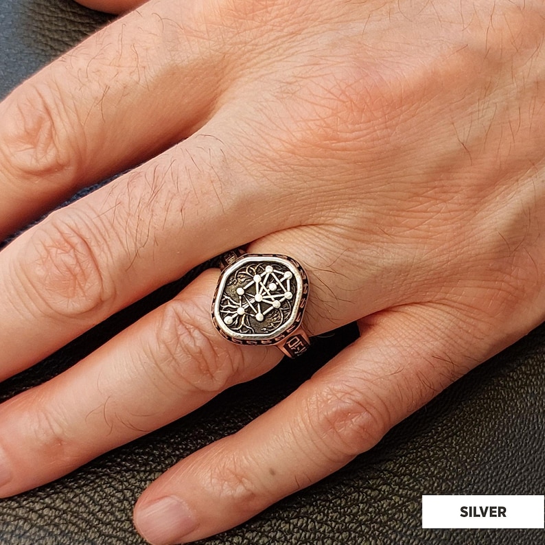 Op de afbeelding: Zilveren ring met een gedetailleerd, geometrisch ontwerp op een vierkante voorkant. De ring heeft een donkere, getextureerde achtergrond met een lichter zilveren ontwerp in het midden. De band is koperkleurig.