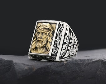 Jesus Ring, Messiah Statement Ring, Christian Ring, Silver Religious Ring, Gold Plated Jesus Jewelry, Christ Signet Ring, 3D Jesus Ring