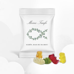 Guest gift fruit gum with original HARIBO mini gold bears for the baptism with eucalyptus and fish - starting at just 0.99 euros per piece!