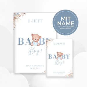 U-Heft und Impfpass Hülle "Baby Boy" mit süssem Bär, personalisiert
