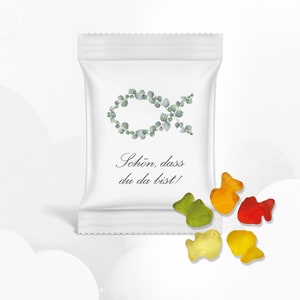 Guest gift fruit gum Original HARIBO in the shape of a fish for baptism, communion or confirmation with eucalyptus and fish