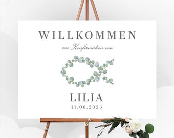 Willkommensschild für die heilige Taufe, Kommunion oder Konfirmation mit Eukalyptus und Fisch, personalisiert und aus hochwertigem Acrylglas