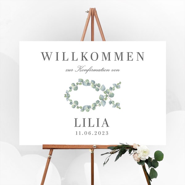 Willkommensschild für die heilige Taufe, Kommunion oder Konfirmation mit Eukalyptus und Fisch, personalisiert und aus hochwertigem Acrylglas