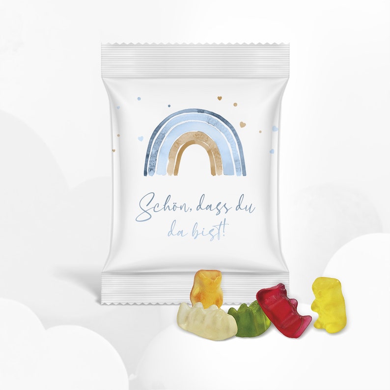 Gastgeschenk Fruchtgummi mit Original HARIBO Mini-Goldbären für Taufe, Konfirmation, Geburtstag, mit Regenbogen, schon ab 0,99 EUR pro Stück Blau