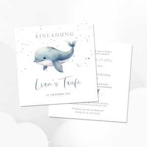 Uitnodigingskaart/uitnodiging voor de doop met een lieve walvis, gepersonaliseerd met naam en datum