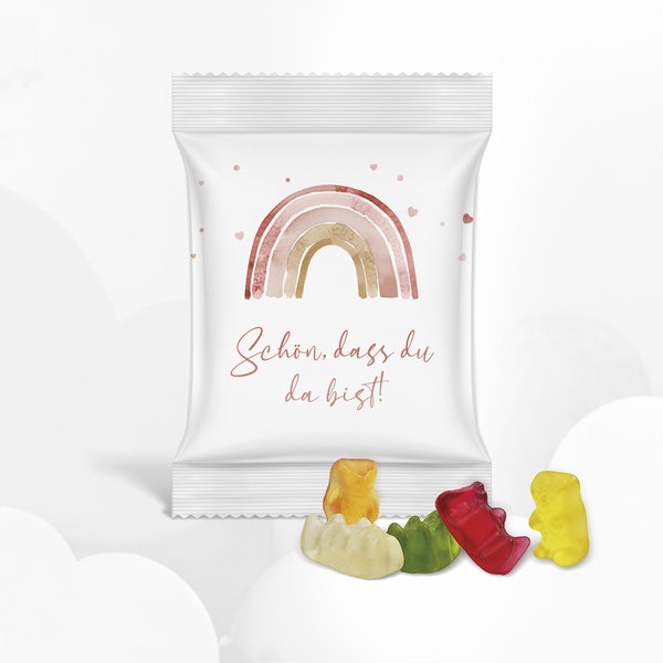 Guest gift fruit gum with original HARIBO mini gold bears for baptisms, confirmations, birthdays, with rainbow, starting at EUR 0.99 per piece